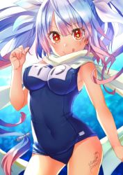 Rule 34 | 1girl, :p, blue hair, breasts, dated, gradient hair, hair ribbon, i-19 (kancolle), kantai collection, large breasts, long hair, looking at viewer, multicolored hair, name tag, purple hair, red eyes, ribbon, scarf, school swimsuit, signature, solo, star-shaped pupils, star (symbol), swimsuit, symbol-shaped pupils, tongue, tongue out, tri tails, white ribbon, white scarf, yumi yumi