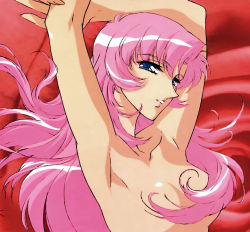 Rule 34 | 1990s (style), 1girl, armpits, arms up, blue eyes, breasts, censored, convenient censoring, eyes visible through hair, floral background, half-closed eyes, long hair, nude, official art, pink hair, red background, retro artstyle, rose background, shoujo kakumei utena, small breasts, solo, tenjou utena