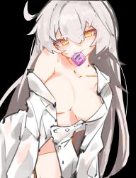 Rule 34 | 1girl, absurdres, black background, button gap, condom, condom in mouth, dress shirt, error1980, head tilt, highres, honkai (series), honkai impact 3rd, kiana kaslana, kiana kaslana (herrscher of the void), long hair, long sleeves, looking at viewer, mouth hold, off-shoulder shirt, off shoulder, partially unbuttoned, sexually suggestive, shirt, solo, upper body, white hair, white shirt, yellow eyes