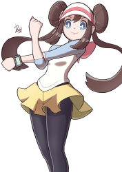 Rule 34 | 1girl, absurdres, black pantyhose, blue eyes, breasts, brown hair, clenched hands, commentary request, creatures (company), double bun, feet out of frame, floating hair, from below, game freak, hair bun, hair over shoulder, hair through headwear, hat, highres, ida (idalol490), looking at viewer, nintendo, pantyhose, pokemon, pokemon bw, raglan sleeves, rosa (pokemon), shorts, signature, solo, stretching, twintails, watch, wristwatch, yellow shorts