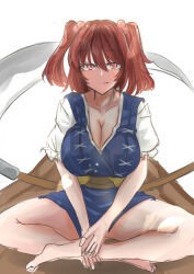 Rule 34 | 1girl, absurdres, barefoot, blue dress, blush, breasts, cleavage, commentary request, dress, full body, hair between eyes, highres, indian style, kuraki, large breasts, light smile, looking at viewer, onozuka komachi, pink eyes, puffy short sleeves, puffy sleeves, red hair, scythe, short sleeves, simple background, sitting, sleeves past elbows, solo, touhou, white background