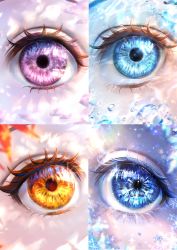 Rule 34 | 4girls, bad id, bad twitter id, blue eyes, blurry, blurry foreground, close-up, dappled sunlight, depth of field, eye focus, eyelashes, glint, highres, light, looking at viewer, multiple girls, onene, original, petals, purple eyes, reflection, snowflakes, sunlight, water, yellow eyes