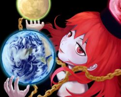 Rule 34 | 1girl, bad id, bad pixiv id, bare shoulders, black background, blush, chain, earth (planet), hecatia lapislazuli, highres, lips, long hair, maa (maa1), moon, pale skin, planet, red eyes, red hair, reflection, solo, touhou