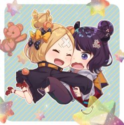 Rule 34 | 2girls, :d, ^ ^, abigail williams (fate), abigail williams (traveling outfit) (fate), black bow, black jacket, blonde hair, blush, bow, brown pants, closed eyes, commentary request, crossed bandaids, fate/grand order, fate (series), grey hoodie, hair bow, hair bun, heroic spirit traveling outfit, high heels, highres, hood, hood down, hoodie, jacket, katsushika hokusai (fate), katsushika hokusai (traveling outfit) (fate), kurono kito, long hair, long sleeves, multiple girls, official alternate costume, open mouth, orange bow, outstretched arms, pants, parted bangs, polka dot, polka dot bow, purple eyes, red footwear, saint quartz (fate), shoes, single hair bun, sleeves past fingers, sleeves past wrists, smile, stuffed animal, stuffed toy, teddy bear