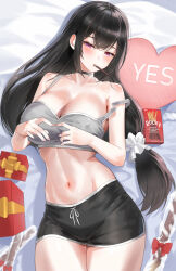 Rule 34 | 1girl, bare shoulders, black hair, black shorts, blush, box, bra, breasts, cleavage, collarbone, dolphin shorts, food, gift, gift box, grey bra, highres, kfr, large breasts, long hair, looking at viewer, low ponytail, lying, mouth hold, navel, on back, original, pocky, purple eyes, short shorts, shorts, solo, sports bra, thighs, underwear