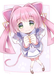 Rule 34 | 1girl, :3, bell, cat tail, from above, green eyes, hair rings, hakuryou high school uniform, highres, juliet sleeves, long hair, long sleeves, looking at viewer, looking up, muv-luv, neck bell, pink hair, puffy sleeves, sailor collar, school uniform, skirt, smile, solo, tail, tamase miki, tinzing saamzong, twintails, white skirt