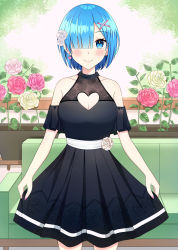 Rule 34 | 1girl, absurdres, alternate costume, bad id, bad pixiv id, bare arms, bare shoulders, black dress, blue eyes, blue hair, blush, breasts, closed mouth, clothing cutout, collarbone, commentary request, couch, dress, dress flower, earrings, flower, hair ornament, hair over one eye, heart, heart cutout, heart earrings, highres, jewelry, large breasts, lin ha, looking at viewer, medium breasts, pink flower, re:zero kara hajimeru isekai seikatsu, rem (re:zero), ribbon, short hair, smile, solo, summer, x hair ornament, yellow flower