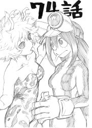 Rule 34 | 10s, 2girls, ashido mina, asui tsuyu, black sclera, bodysuit, boku no hero academia, breasts, cleavage, colored sclera, frog girl, gloves, goggles, highres, horikoshi kouhei, horns, looking at another, monochrome, monster girl, multiple girls, saliva, saliva trail, third-party edit, tongue, tongue out, yuri