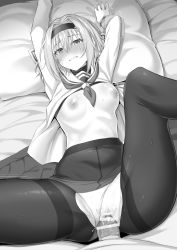 Rule 34 | 1boy, 1girl, absurdres, bed sheet, blush, breasts, censored, clenched teeth, clothes lift, clothing aside, condom, condom on penis, covered navel, greyscale, hair intakes, hair ornament, hairband, hetero, highres, ijima yuu, long sleeves, looking at viewer, lying, missionary, monochrome, nipples, on back, panties, panties aside, pantyhose, penis, pussy, ryuuou no oshigoto!, sex, shirt lift, short hair, small breasts, snowflake hair ornament, solo focus, sora ginko, tearing up, teeth, thighband pantyhose, trembling, underwear, vaginal