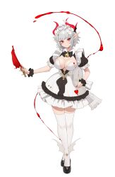 Rule 34 | 1girl, absurdres, bell, black bow, black dress, black footwear, blood, bow, breasts, cleavage, closed mouth, crossed legs, dress, frilled dress, frills, full body, grey hair, hemokinesis, highres, holding, holding tray, horns, jingle bell, large breasts, neck bell, original, pointy ears, puffy short sleeves, puffy sleeves, red eyes, shoes, short sleeves, simple background, smile, solo, thighhighs, tray, watson cross, white background, white thighhighs, wrist cuffs, younideyifengxin