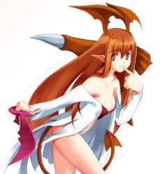 Rule 34 | 1girl, bare shoulders, bra, breasts, cleavage, collarbone, demon girl, female focus, lingerie, long hair, looking at viewer, lord of vermilion, orange hair, pink eyes, pointy ears, simple background, single wing, solo, succubus (lord of vermilion), sword, tail, underwear, weapon, white background, wings
