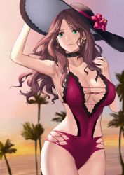 Rule 34 | 1girl, blurry, blurry background, breasts, brown hair, dorothea arnault, fire emblem, fire emblem: three houses, fire emblem heroes, flower, green eyes, hat, hat flower, highres, j@ck, large breasts, long hair, nail polish, navel, nintendo, one-piece swimsuit, palm tree, smile, solo, stomach, sun hat, swimsuit, tree