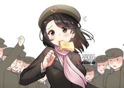 Rule 34 | 1girl, 6+boys, absurdres, ardenlolo, arm up, artist name, black hair, black headwear, black jacket, blush, bread, bread slice, commentary, communism, dictator, english commentary, eyes visible through hair, flying sweatdrops, food, food in mouth, formal, hat, highres, jacket, kim yo-jong, late for school, looking at another, looking at viewer, medium hair, meme, military, military hat, military uniform, mouth hold, multiple boys, paid reward available, parody, real life, running, scarf, simple background, solo focus, sweatdrop, tagme, toast, toast in mouth, twitter logo, uniform, upper body, white background