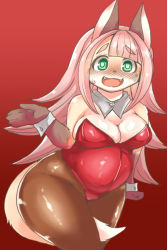 Rule 34 | 1girl, breasts, female focus, fox, furry, furry female, gradient background, green eyes, leotard, long hair, open mouth, pink hair, playboy bunny, shinobe, solo