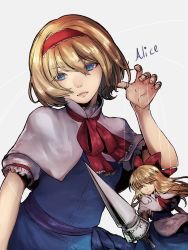 Rule 34 | 1girl, alice margatroid, apron, blonde hair, blue dress, blue eyes, capelet, character name, doll, doll joints, dress, grey background, hair ribbon, hairband, hand up, head tilt, highres, joints, lance, lips, lolita hairband, long hair, looking at viewer, neck ribbon, palms, parted lips, polearm, puffy short sleeves, puffy sleeves, puppet rings, puppet strings, red eyes, ribbon, ring, sash, shanghai doll, short hair, short sleeves, simple background, sketch, solo, subaru18, touhou, waist apron, weapon