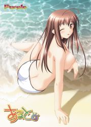 Rule 34 | 1girl, ;p, ahoge, alto, alto (game), arm support, ass, back, beach, bikini, bikini bottom only, blush, breast hold, breasts, brown hair, covering privates, covering breasts, day, from behind, highres, iwasaki kouji, jast, large breasts, long hair, looking back, non-web source, one eye closed, outdoors, partially submerged, pink eyes, shadow, sitting, soaking feet, solo, submerged, swimsuit, tachibana saori, tongue, tongue out, topfreedom, topless, water, wet, white bikini, wink