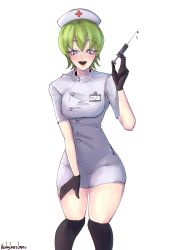 Rule 34 | 1girl, absurdres, blue eyes, commentary, english commentary, foo fighters (jojo), gloves, green hair, hat, highres, jojo no kimyou na bouken, kerbylmaolmao, looking at viewer, nurse, nurse cap, open mouth, short hair, simple background, smile, solo, stone ocean, syringe, white background