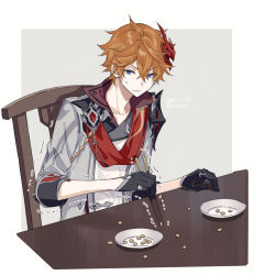 Rule 34 | 1boy, amaichi esora, armor, beans, black gloves, blue eyes, chair, chopsticks, closed mouth, dated, genshin impact, gloves, hair between eyes, highres, holding, holding chopsticks, jacket, male focus, mask, mask on head, orange hair, plate, red scarf, scarf, shoulder armor, simple background, sitting, solo, sweat, table, tartaglia (genshin impact), trembling, twitter username, two-tone background