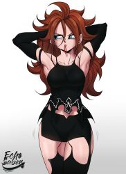 Rule 34 | 1girl, a2 (nier:automata), a2 (nier:automata) (cosplay), absurdres, android 21, armpits, arms behind head, arms up, artist name, black chemise, black gloves, black hair, black shorts, black thighhighs, blue eyes, breasts, brown hair, cosplay, dragon ball, echo saber, elbow gloves, gloves, gluteal fold, highres, long hair, medium breasts, nier (series), short shorts, shorts, sideboob, solo, thigh gap, thighhighs, torn clothes, torn thighhighs