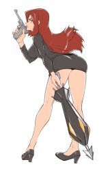 Rule 34 | 1girl, ass, bent over, from behind, gun, handgun, high heels, highres, holding, holding gun, holding umbrella, holding weapon, imdsound, krieg (skullgirls), leaning forward, legs, long hair, long legs, looking at viewer, looking back, luger p08, parasoul (skullgirls), red eyes, skirt, skullgirls, solo, umbrella, weapon, white background, yellow eyes