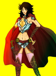 Rule 34 | armpits, assassin&#039;s creed, assassin&#039;s creed: brotherhood, black hair, boots, breasts, brown eyes, cape, cesare borgia, cleavage, cross, genderswap, hand on own hip, highres, jewelry, josamurai, midriff, groin, navel, necklace, pink legwear, sheath, simple background, sword, thighhighs, weapon, yellow eyes
