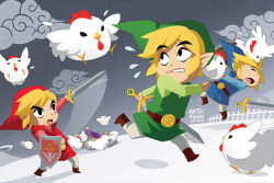 Rule 34 | 4boys, belt, bird, blonde hair, chicken, cloud, cucco, fence, finni chang, grey background, hat, holding sword, link, male focus, multiple boys, multiple persona, nintendo, no lineart, outdoors, pointy ears, shield, signature, sword, the legend of zelda, the legend of zelda: four swords, toon link, weapon