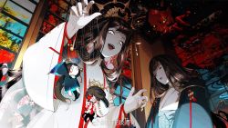 Rule 34 | 1boy, 2girls, bite yaogege, glowing, glowing eyes, hair ornament, hand puppet, highres, japanese clothes, long hair, looking at viewer, multiple girls, onmyoji, open mouth, original, puppet, puppet strings, smile, solo, upper body