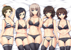 Rule 34 | 10s, 5girls, adjusting bra, adjusting clothes, akaboshi koume, arm up, bed sheet, black bra, black eyes, black hair, black legwear, black panties, blue eyes, bow, bow bra, bow panties, bra, breasts, brown eyes, brown hair, chinese commentary, cleavage, closed mouth, collarbone, commentary request, crotch seam, fingernails, from above, garter belt, girls und panzer, glasses, gluteal fold, green eyes, hand on own face, hands on stomach, highres, horizontal-striped bra, horizontal-striped panties, itsumi erika, lace, lace-trimmed bra, lace-trimmed garter belt, lace-trimmed legwear, lace-trimmed panties, lace trim, layered panties, light frown, long hair, looking at viewer, lying, mauko (girls und panzer), medium breasts, multiple girls, navel, on back, on bed, open mouth, panties, panties under garter belt, parted lips, print legwear, ritaiko (girls und panzer), sangou (girls und panzer), short hair, silver hair, smile, srwsrx (gp03dsrx), string panties, striped bra, striped clothes, striped panties, swept bangs, thigh gap, thighhighs, underwear, underwear only