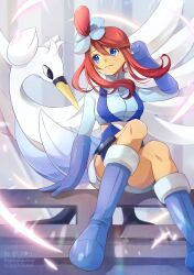 Rule 34 | 1girl, bird, blue eyes, blue footwear, blue gloves, blue shorts, breasts, creatures (company), crop top, dark-skinned female, dark skin, game freak, gen 5 pokemon, gloves, highres, large breasts, long sleeves, midriff, nintendo, pokemon, pokemon (creature), pokemon bw, pouch, red hair, short hair with long locks, short shorts, shorts, skyla (pokemon), swan, swanna, swept bangs, thigh pouch, yomogi (black-elf)