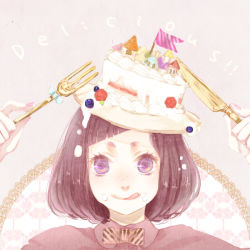 Rule 34 | 1girl, :q, bad id, bad pixiv id, berry, blueberry, blunt bangs, bob cut, bow, bowtie, cake, english text, food, food as clothes, food on face, food on head, fork, freckles, fruit, hat, holding, holding fork, icing, knife, nail polish, object on head, original, portrait, purple eyes, purple hair, raspberry, shirt, short hair, solo, tehua, text focus, tongue, tongue out, yua (tick-tack)