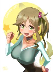Rule 34 | 10s, 1girl, alternate costume, asymmetrical hair, bad id, bad pixiv id, blush, breasts, brown hair, choker, cleavage, clenched hand, collar, collarbone, covered erect nipples, dress, english text, eyebrows, fang, from above, green eyes, hair bobbles, hair ornament, hair tie, hand on own hip, highres, inuyama aoi, large breasts, long sleeves, looking at viewer, name tag, ponytail, raglan sleeves, side ponytail, signature, skin fang, solo, star (symbol), taut clothes, taut dress, thick eyebrows, v-neck, wootsang, yurucamp