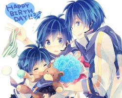Rule 34 | 3boys, :d, ^ ^, aged down, bad id, bad pixiv id, blue eyes, blue hair, blue scarf, bouquet, closed eyes, flower, food, genderswap, genderswap (ftm), genderswap (mtf), happy birthday, headset, holding, holding clothes, holding panties, holding underwear, ice cream, kaiko, kaito (vocaloid), male focus, multiple boys, multiple persona, open mouth, ousaka nozomi, panties, scarf, smile, striped clothes, striped panties, stuffed animal, stuffed toy, teddy bear, underwear, vocaloid