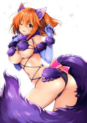 Rule 34 | 1girl, ;p, alternate costume, animal ears, ass, breasts, claw pose, commentary request, cosplay, elbow gloves, eyes visible through hair, fate/grand order, fate (series), fujimaru ritsuka (female), fur-trimmed gloves, fur-trimmed legwear, fur collar, fur trim, gloves, hair ornament, hair scrunchie, halloween costume, highres, lace, lace-trimmed legwear, lace trim, large breasts, looking at viewer, mash kyrielight, mash kyrielight (dangerous beast), mash kyrielight (dangerous beast) (cosplay), o-ring, o-ring top, official alternate costume, one eye closed, orange hair, purple gloves, purple thighhighs, revealing clothes, ruri rarako, scrunchie, short hair, simple background, tail, thighhighs, tongue, tongue out, wolf ears, wolf tail, yellow eyes
