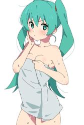 Rule 34 | 1girl, breasts, cowboy shot, furuyama itaru, green eyes, green hair, hatsune miku, long hair, naked towel, simple background, small breasts, solo, standing, towel, twintails, v-shaped eyebrows, vocaloid, water drop, wet, white background