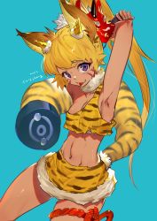 Rule 34 | 1girl, absurdres, animal ears, animal print, anvil, arm up, armpits, bad id, bad pixiv id, blonde hair, blue background, cat tail, eyeliner, facial mark, fang, fang out, groin, highres, long hair, looking at viewer, makeup, mask, mask on head, nanase miri, ponytail, purple eyes, sarashi, simple background, skirt, smile, solo, tail, tiger print, tongue, tongue out, very long hair