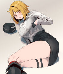 Rule 34 | 1girl, absurdres, akitaka takaaki, black bra, black gloves, black hat, black skirt, blonde hair, boots, bra, bra visible through clothes, brown background, brown eyes, collared shirt, dress shirt, girls&#039; frontline, gloves, half gloves, hat, highres, knee boots, long sleeves, looking at viewer, lying, military hat, mp40 (girls&#039; frontline), on side, open mouth, pencil skirt, see-through, shirt, short hair, simple background, skirt, solo, sweatdrop, thigh strap, underwear, white shirt