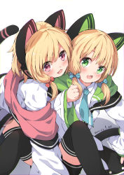 Rule 34 | 2girls, absurdres, animal ear headphones, animal ears, anno (yukikaze 08), black shorts, black thighhighs, blonde hair, blue archive, blue necktie, cat ear headphones, cat ears, cat tail, coat, fake animal ears, fake tail, green eyes, headphones, highres, hug, hug from behind, midori (blue archive), momoi (blue archive), multiple girls, necktie, off shoulder, open mouth, pink eyes, school uniform, shirt, short hair, shorts, siblings, sisters, smile, tail, thighhighs, twins, white coat, white shirt