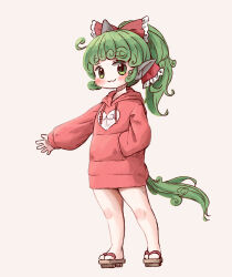 Rule 34 | 1girl, :3, arinu, barefoot, blush, bow, closed mouth, full body, geta, green eyes, green hair, hair bow, highres, hood, hoodie, horns, komano aunn, long hair, long sleeves, red bow, red hoodie, single horn, smile, solo, touhou