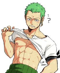 Rule 34 | ..., 1boy, ?, blush, clenched teeth, clothes lift, green hair, highres, lifting own clothes, looking at viewer, male focus, one piece, presenting, roronoa zoro, shirt lift, short hair, solo, sweatdrop, teeth, tomea491, toned, toned male, underpec, upper body