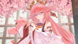 Rule 34 | 1girl, absurdres, animal, animal ears, animal nose, architecture, bare shoulders, blush, branch, breasts, brooch, cherry blossoms, closed eyes, closed mouth, day, detached sleeves, diamond-shaped pupils, diamond (shape), earrings, east asian architecture, floral print, flower, fox, fox ears, fox girl, fox tail, gem, genshin impact, gold earrings, gold trim, hair between eyes, hair ornament, hands up, highres, japanese clothes, jewelry, long hair, long sleeves, looking at viewer, low-tied long hair, medium breasts, nontraditional miko, outdoors, petals, pink flower, pink fur, pink hair, purple eyes, purple gemstone, red skirt, ribbon, seigaiha, shirt, sidelocks, skirt, sky, sleeveless, sleeveless shirt, smile, standing, symbol-shaped pupils, tail, tree, turtleneck, white ribbon, white shirt, white sky, wide sleeves, yae miko, yae miko (fox), yetao dec