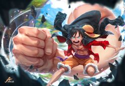 Rule 34 | 1boy, abs, black eyes, black hair, brown shorts, commentary, cross scar, english commentary, gear third, hat, johnny azad, male focus, monkey d. luffy, one piece, open clothes, open shirt, pectorals, scar, scar on chest, serious, short hair, shorts, solo, straw hat, teeth, v-shaped eyebrows, watermark
