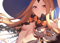 Rule 34 | 1girl, abigail williams (fate), abigail williams (second ascension) (fate), bare shoulders, black bow, black hat, blonde hair, blush, bow, breasts, fate/grand order, fate (series), forehead, hair bow, hat, highres, keyhole, long hair, looking at viewer, multiple bows, navel, orange bow, parted bangs, polka dot, polka dot bow, red eyes, revealing clothes, sidelocks, small breasts, solo, spider apple, underboob, witch hat