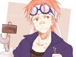 Rule 34 | 1boy, koby (one piece), eyewear on head, glasses, mako1124, male focus, mallet, mouth hold, nail, one piece, pink hair, solo, wrench
