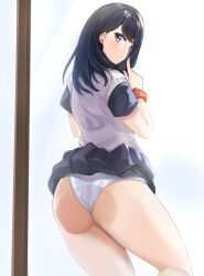 Rule 34 | 1girl, against fourth wall, against glass, ass, ass on glass, ass press, black hair, black skirt, blue eyes, blush, cardigan, clothes lift, finger to mouth, from behind, gridman universe, gridman universe (film), highres, hinata sora, index finger raised, long hair, looking at viewer, looking back, microskirt, orange scrunchie, panties, parted lips, pleated skirt, school uniform, scrunchie, shushing, skirt, skirt lift, solo, ssss.gridman, standing, takarada rikka, thighs, underwear, wedgie, white cardigan, white panties, wrist scrunchie