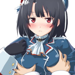 Rule 34 | 10s, 1boy, 1girl, black gloves, black hair, blush, breasts, dd (ijigendd), gloves, grabbing, grabbing another&#039;s breast, hat, hetero, jacket, kantai collection, military jacket, personification, red eyes, short hair, takao (kancolle), upper body