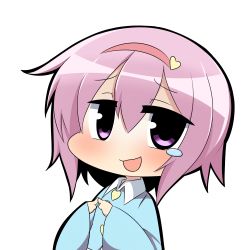 Rule 34 | 1girl, :d, chibi, fingers together, hairband, index fingers together, komeiji satori, open mouth, purple eyes, purple hair, short hair, simple background, smile, solo, tears, touhou, twumi, white background