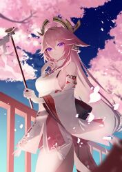 Rule 34 | 1girl, absurdres, animal ears, aonegi, back bow, bare shoulders, black bow, blue sky, blush, bow, branch, bridge, cherry blossoms, closed mouth, detached sleeves, earrings, floral print, fox ears, fox girl, gem, genshin impact, gohei, gold trim, gradient sky, hair between eyes, hair ornament, hands up, highres, holding, holding gohei, japanese clothes, jewelry, long hair, long sleeves, looking at viewer, low-tied long hair, nontraditional miko, outdoors, petals, pink hair, pink skirt, purple eyes, purple gemstone, shirt, sidelocks, skirt, sky, smile, solo, standing, tassel, tree, vision (genshin impact), white shirt, wide sleeves, yae miko