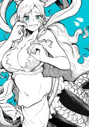 Rule 34 | 1girl, absurdres, blue background, blue eyes, breasts, cleavage, crying, crying with eyes open, greyscale with colored background, hair behind ear, highres, large breasts, long hair, mermaid, midriff, monochrome, monster girl, navel, one piece, shirahoshi, solo, spotlight, tears, tentacles, very long hair, yotsumi shiro