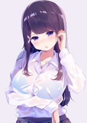 Rule 34 | 1girl, arm up, black skirt, blue bra, blush, bra, bra visible through clothes, breasts, brown hair, chikuwa., collarbone, collared shirt, commentary request, grey background, hair ornament, head tilt, highres, large breasts, long hair, long sleeves, looking at viewer, original, parted lips, pleated skirt, pocket, purple eyes, see-through, shirt, sidelocks, skirt, solo, star (symbol), star in eye, sweat, symbol in eye, underwear, very long hair, wet, wet clothes, wet shirt, white shirt, x hair ornament