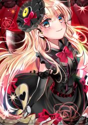 Rule 34 | 1girl, arm up, black dress, blonde hair, blush, bow, bowtie, detached sleeves, dress, floating hair, gothic lolita, hair ornament, heart, heart-shaped pupils, highres, holding, holding behind back, lolita fashion, long hair, looking at viewer, mayu (vocaloid), raiyo (pixiv16261673), red bow, red eyes, short dress, sleeveless, sleeveless dress, smile, solo, symbol-shaped pupils, very long hair, vocaloid